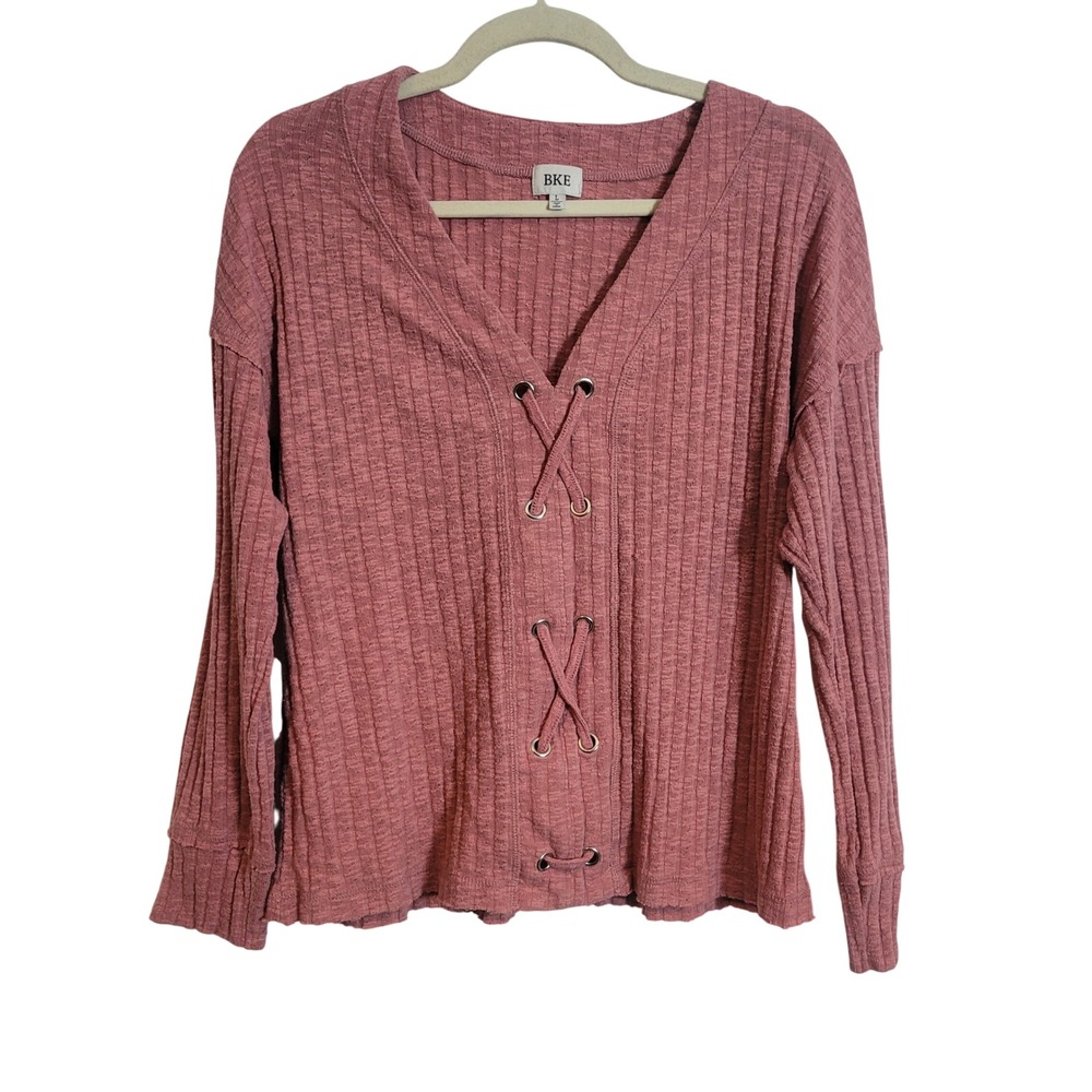 BKE Womens Ribbed Knit Lace Up V-Neck Long Sleeve Top Rose Pink Size Large Boho
